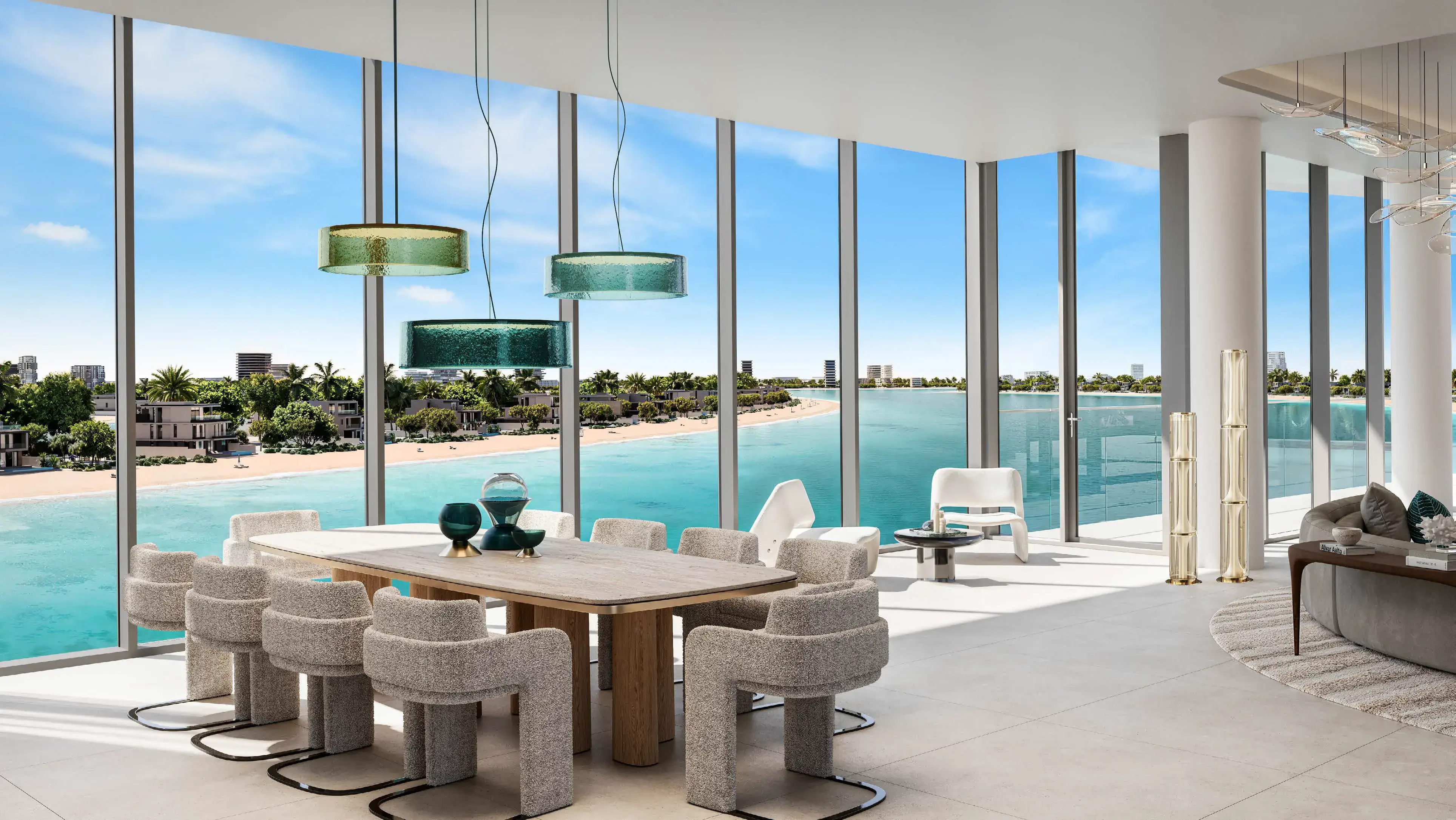 Palm Central dining room with full-height glazing on the beach